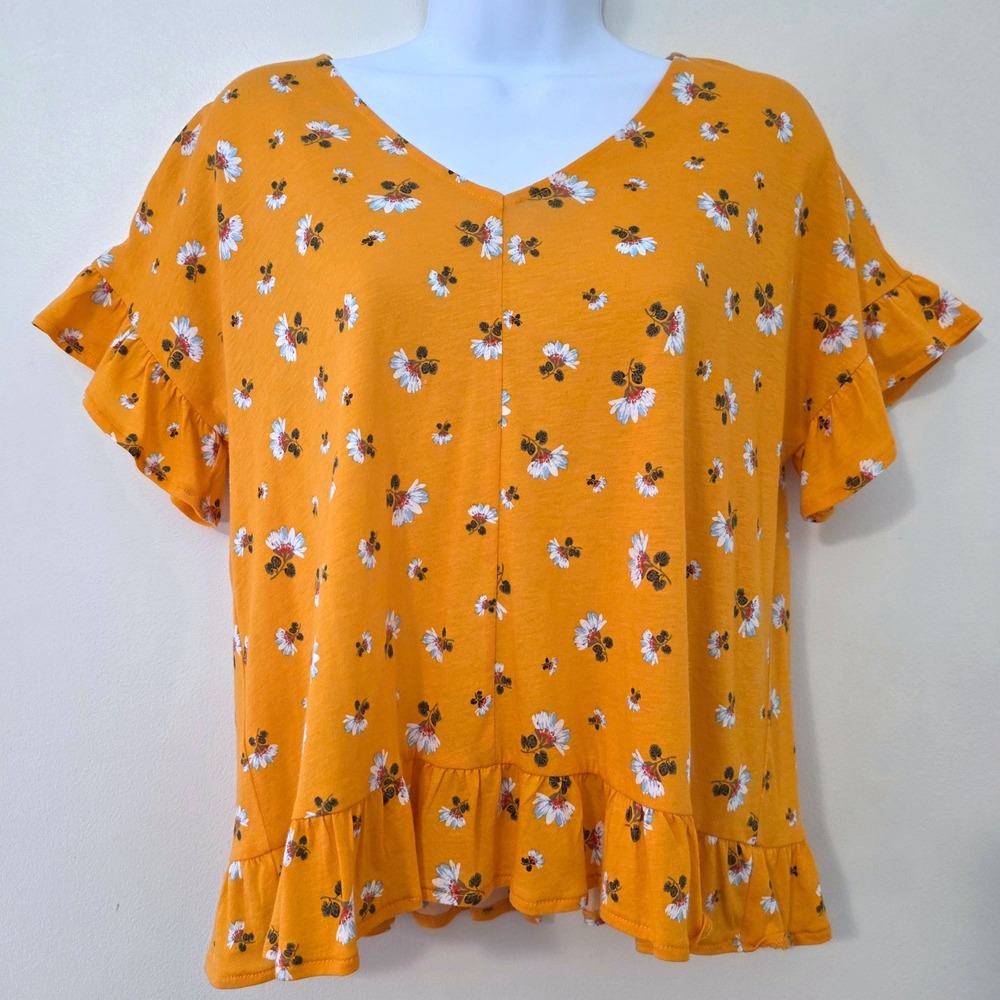 NWT Loft Slouchy Floral Ruffle Top Sz XS Boxy Boho V Neck Oversized Flutter